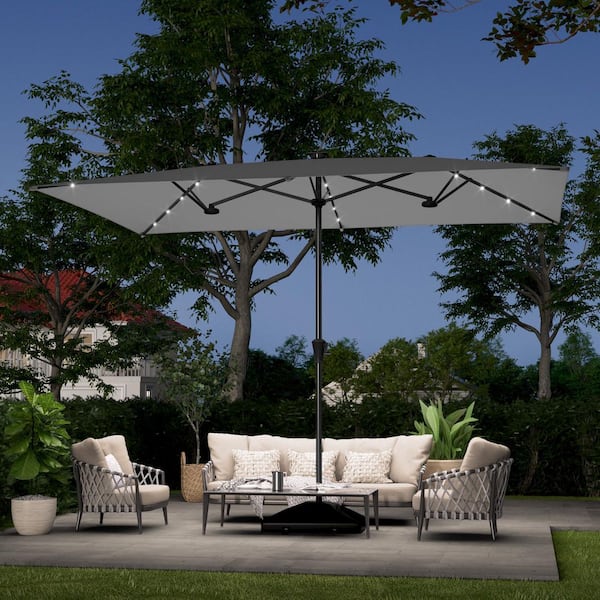 JOYESERY 11 x 7 ft. Steel LED Large Double-Sided Rectangular Outdoor Market Patio Umbrella with Crank in Gray