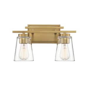 Calhoun 14.63 in. W x 8.75 in. H 2-Light Warm Brass Bathroom Vanity Light with Clear Cone Glass Shades
