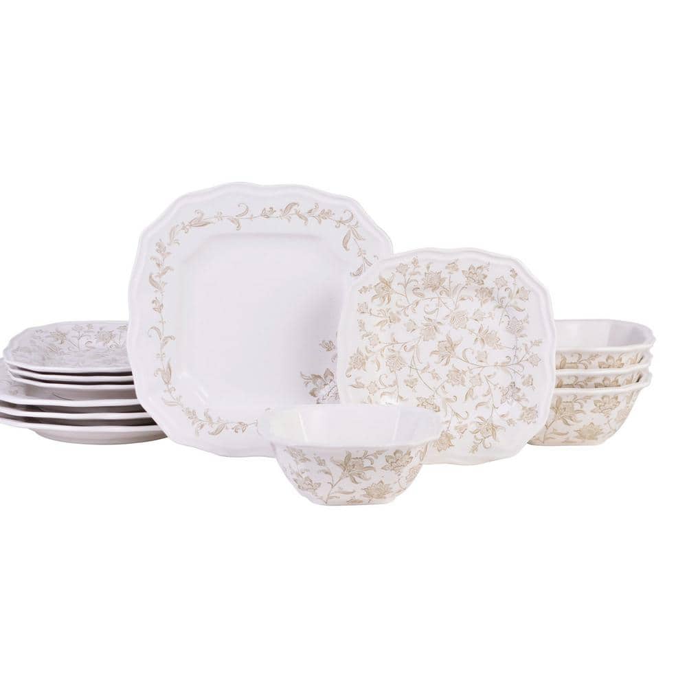 Batik Toile Taupe Porcelain 12-Pieces Dinnerware Set