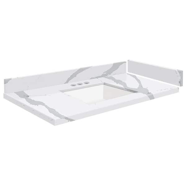 Transolid Silestone 33.5 in. W x 22.25 in. D Qt. White Rectangular Single Sink Vanity Top in Bianco Calcutta