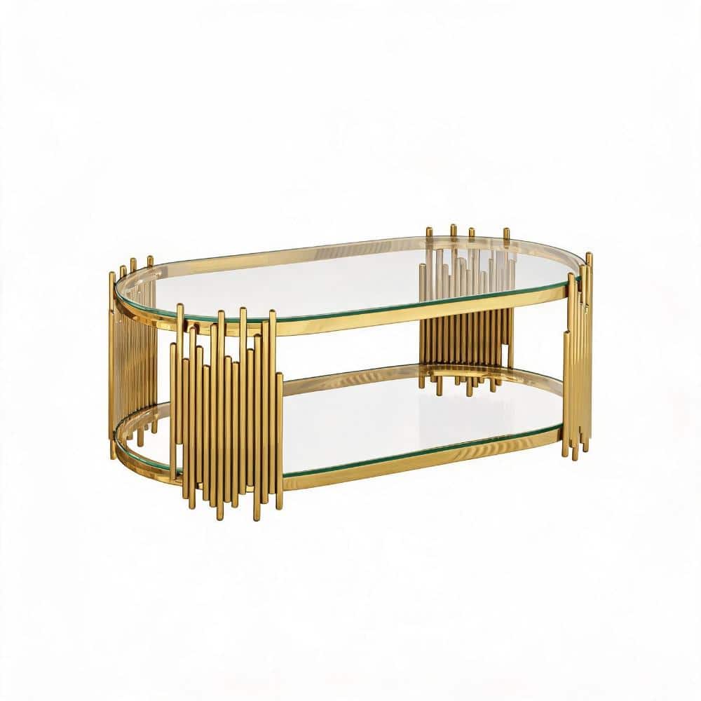 47 in. Gold Oval Tempered Glass Coffee Table with 2-Tier Stainless Steel Organ Pipe Design price history on PriceWatchPro
