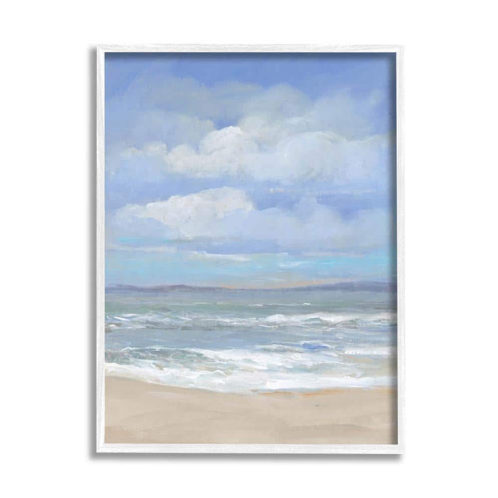 Cloudy Ocean Bay Shoreline Landscape Canvas Print with White Frame