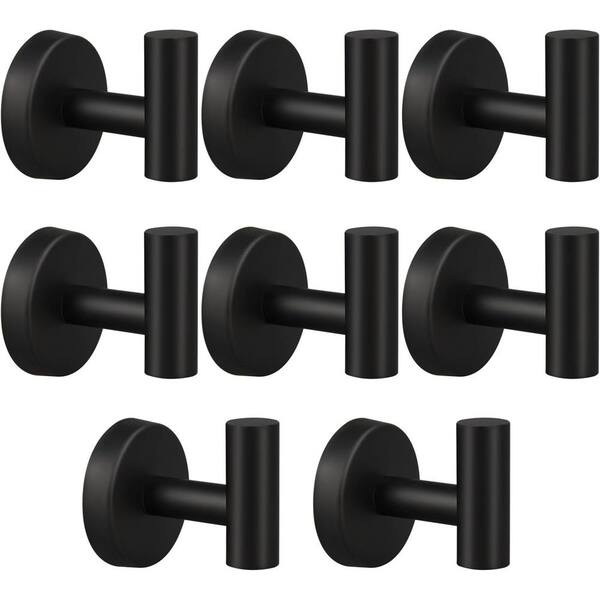PRIMEPLUS 8-Piece Stainless Steel J-Hook Robe/Towel Hook with Round Mount Post in Matte Black