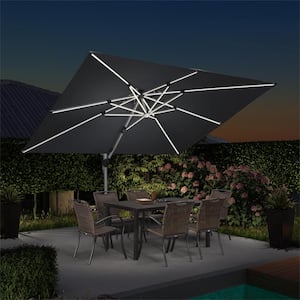 9 ft.x 12 ft. Aluminum Solar Powered LED Patio Cantilever Offset Umbrella with Stand, Gray