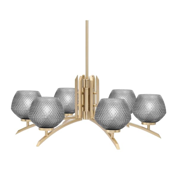 Unbranded Siena 27.5 in. 6-Light New Age Brass Chandelier with 6 in. Smoke Textured Glass Shades, no bulbs included