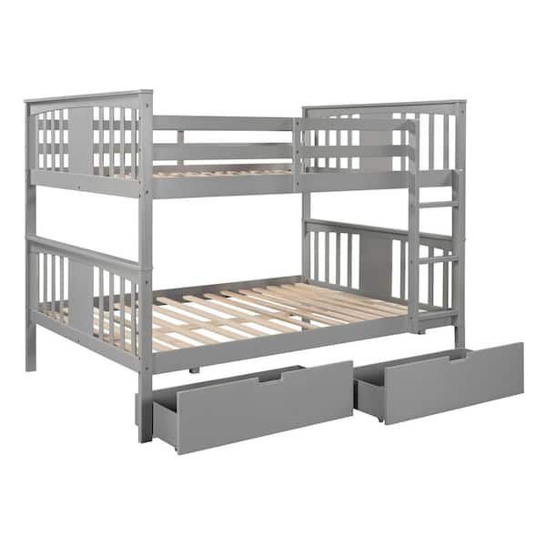 URTR Gray Full Over Full Bunk Bed with Drawers, Wood Bunk Bed Frame with Ladder for Bedroom, Guest Room Furniture