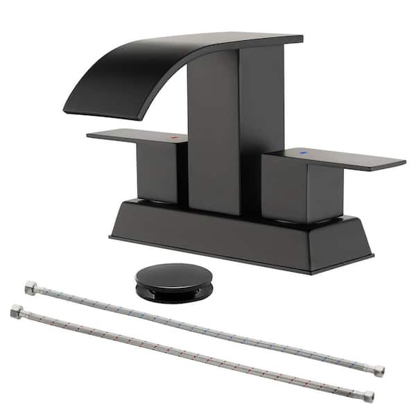 FLG 4 in. Centerset Double Handle Bathroom Faucet with Pop-up Drain Kit Stainless Steel Waterfall Sink Tap in Matte Black