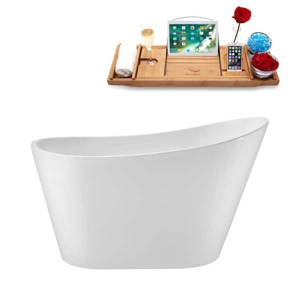 51 in. x 28 in. Acrylic Freestanding Soaking Bathtub in Glossy White with Matte Black Drain, Bamboo Tray