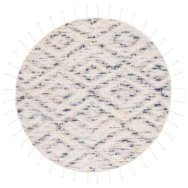 Natura 6 ft. x 6 ft. Ivory/Blue High-Low Diamond Striped Round Area Rug
