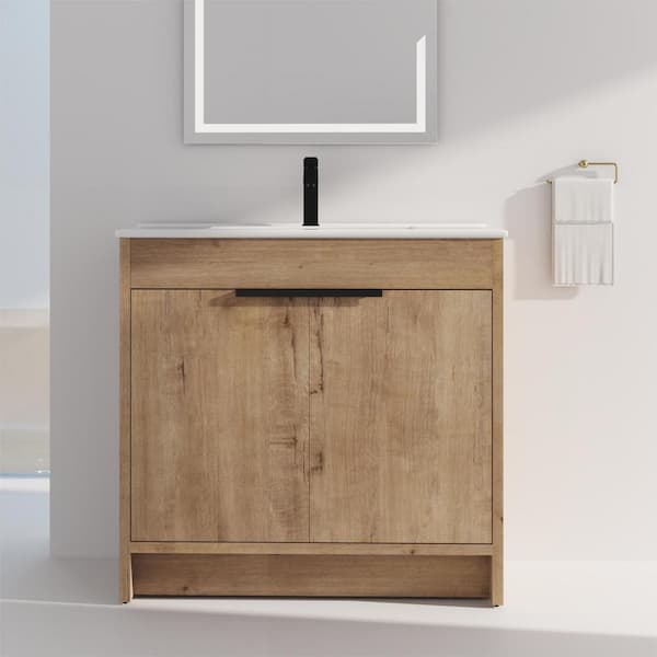 UPIKER 36 in. W x 18.30 in. D x 34.3 in. H Freestanding Bath Vanity Cabinet in Imitative Oak with White Ceramic Top
