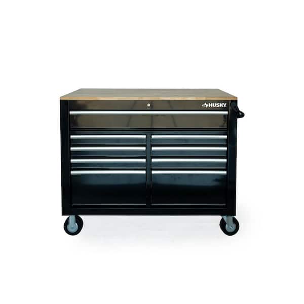 46 in. x 25 in. D 9-Drawer Mobile Workbench with Adjustable Height Wood Top in Gloss Black