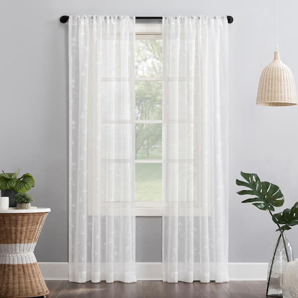 Delia Embroidered Floral Ivory Polyester 50 in. W x 63 in. L Rod Pocket Sheer Curtain (Single Panel)