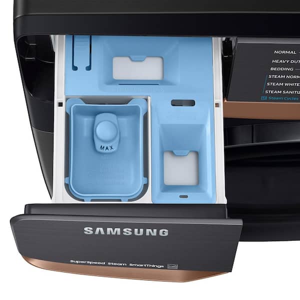 Samsung Brushed Black Smart Side By Side Front Load Laundry Pair with  WF50BG8300AV 27 Inch Washer, DVE50BG8300V 27 Inch Electric Dryer and 2x  WE402NV Pedestals