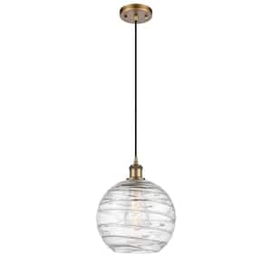 Athens Deco Swirl 1-Light Brushed Brass Globe Pendant Light with Clear Deco Swirl Glass Shade