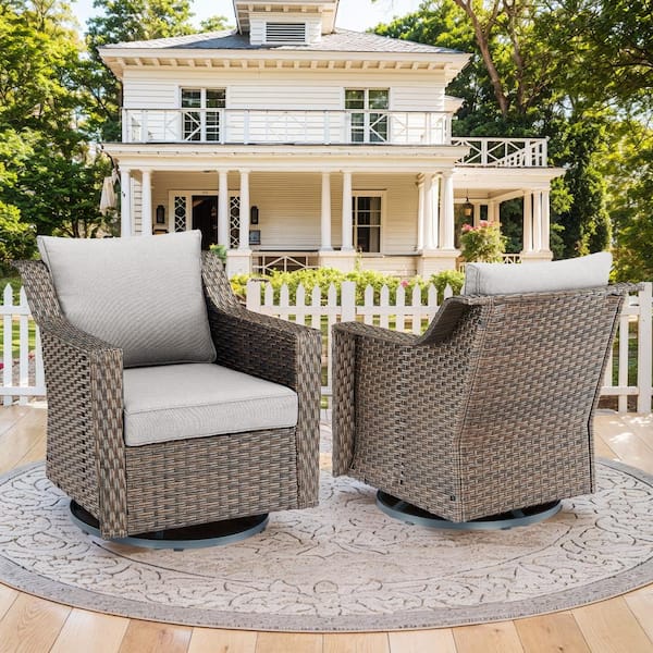 Opohoro SlideArm Metal and Brown Wicker Outdoor Rocking Chair Patio Swivel Chairs with Olefin Beige Cushions (2-Pack)