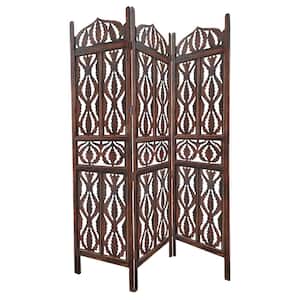 Carvings in Brown 3-Panel Mango Wood Screen with Abstract