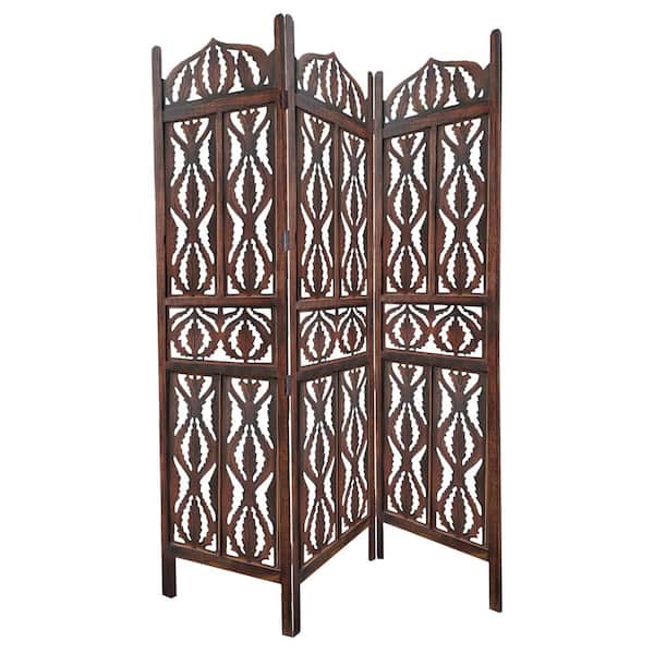 Aoibox Carvings in Brown 3-Panel Mango Wood Screen with Abstract