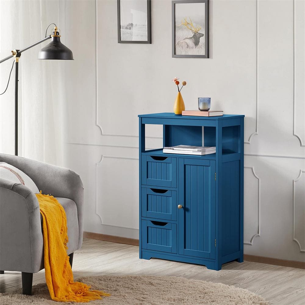 22 in. W x 12 in. D x 34 in. H Navy Blue Bathroom Linen Cabinet Floor Cabinet with 3 Drawers and 1 Cupboard price history on PriceWatchPro