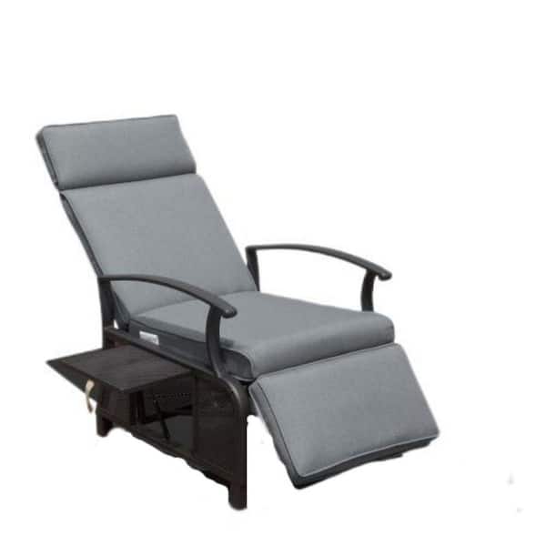 Clihome Metal Outdoor Lounge Chair Adjustable Patio Recliner Chair with Gray Cushions and Flip Table Push Back (Support 350lbs)