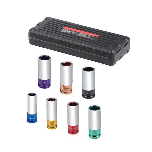 SKYSHALO Lug Nut Impact Socket Set, 1/2 in. Drive Metric 6-Point Deep Socket Set, 7 Total Lug Nut Sizes, CR-MO Steel Wheel Set