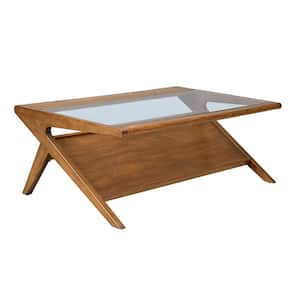 Rocket Pecan 44.125 in. W x 27 in. D x 16 in. H Coffee Table with Tempered Glass