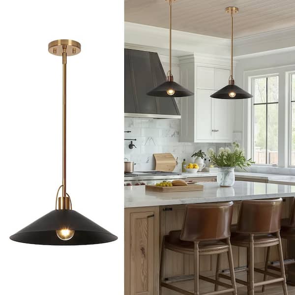 LNC Black Pendant Light 1-Light Modern Industrial Island Hanging Ceiling Light with Geometric Bell Shade and Brass Accent