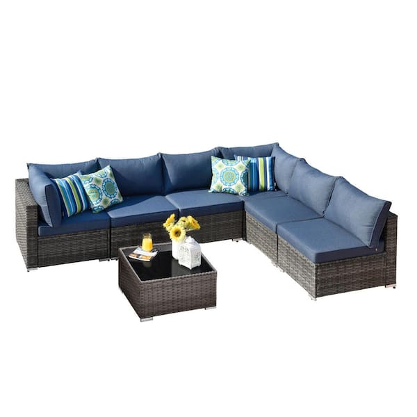 Messi Gray 7-Piece Wicker Outdoor Patio Conversation Sectional Sofa Set with Denim Blue Cushions