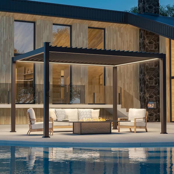 Sonkuki Titan Series 10 ft. x 13 ft. Aluminized Steel LED Louvered Pergola Modern Outdoor Pergola with Adjustable Roof, Brown