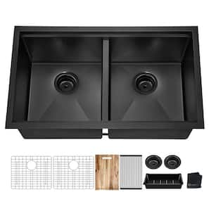 33 in. Undermount Double Bowl 18 Gauge Black Stainless Steel Workstation Kitchen Sink