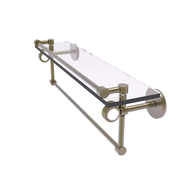 Allied Brass Clearview 22 in. W x 6.7 in. H x 5.8 D Glass Rectangular Shelf in Antique Brass with Towel Bar and Groovy Accents