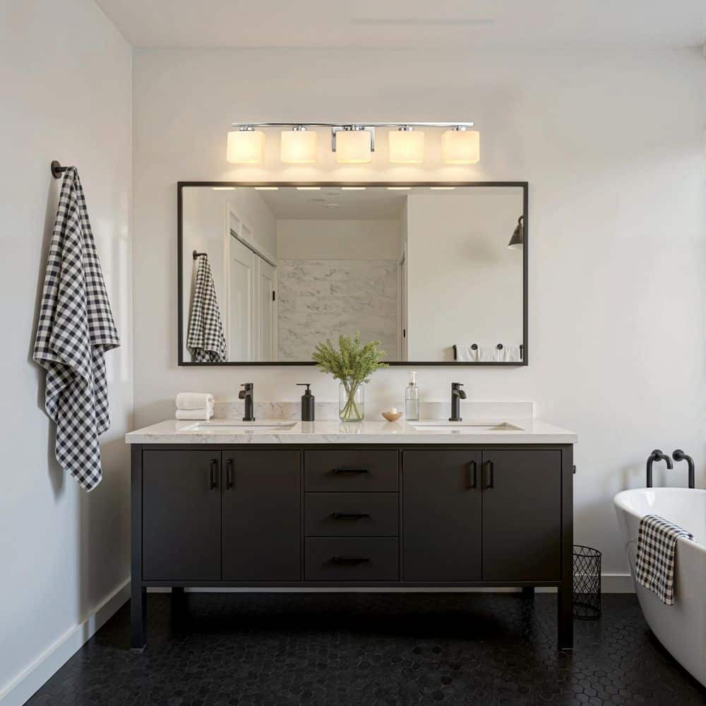 40 in. 5-Light Modern Square Chrome Vanity Light, Wall Fixture with Milk White Glass Shades for Bathroom or Dressing price history on PriceWatchPro