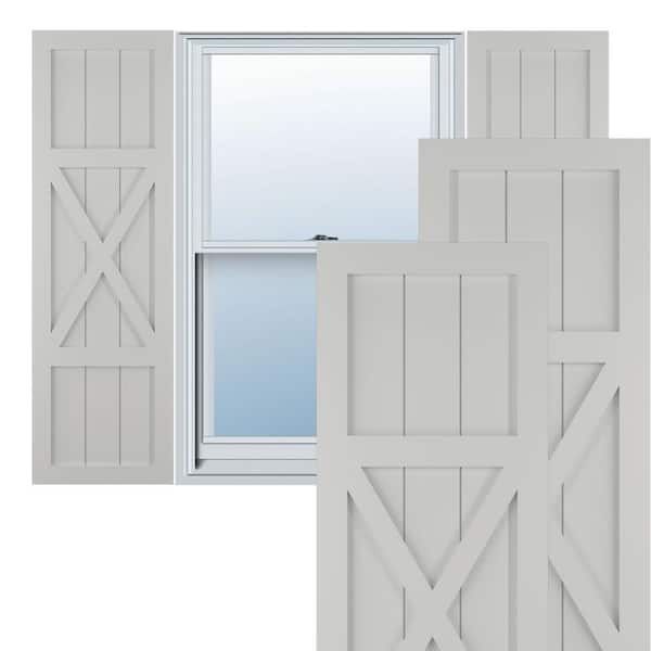 Ekena Millwork 12 in. x 25 in. True Fit PVC Center X-Board Farmhouse Fixed Mount Board and Batten Shutters Pair in Hailstorm Gray