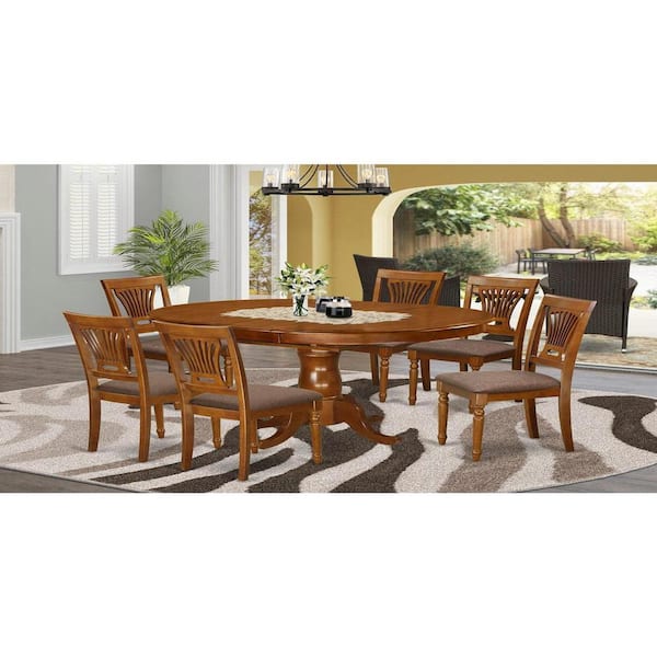7-Piece Oval Saddle Brown Finish Solid Wood Top Dining Table with 6 Chairs with Lattice Back
