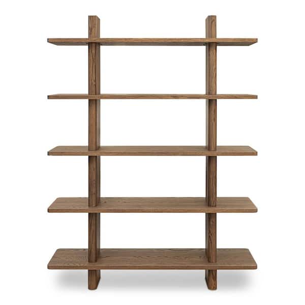 Thalor 70 in. Tall Dark Brown Oak Veneer and Solid Oak 5-Shelf Bookcase with Bullnose Edges