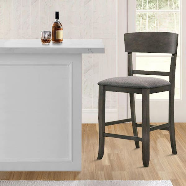Benjara 25.62 in. Gray Low Back Wood Frame Counter Height Stool Chair with Fabric Seat (Set of 2)