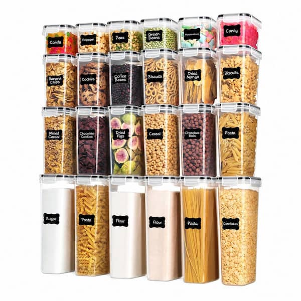 Airtight Food Storage Containers Set, 24-Piece Plastic Kitchen and Pantry Canisters with Lids and Labels, Black