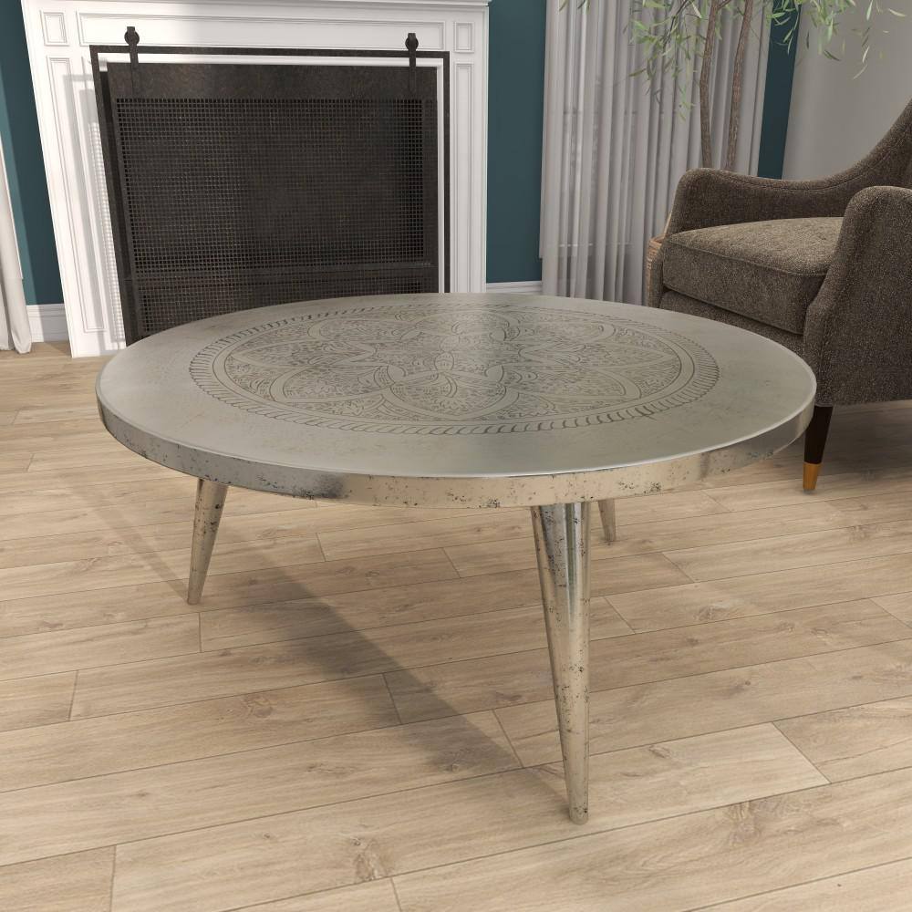 Silver Round Aluminum Traditional Coffee Table, 38"