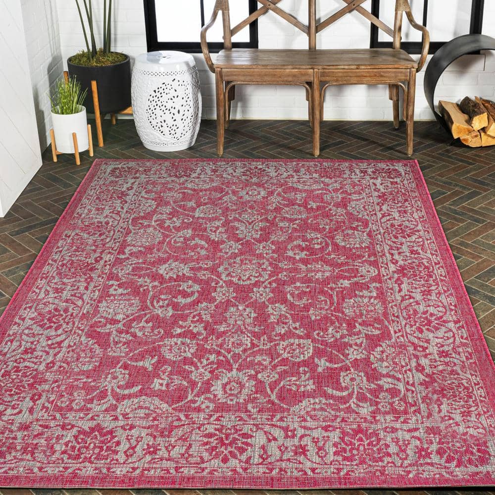 9' x 12' Fuchsia and Light Gray Floral Synthetic Area Rug