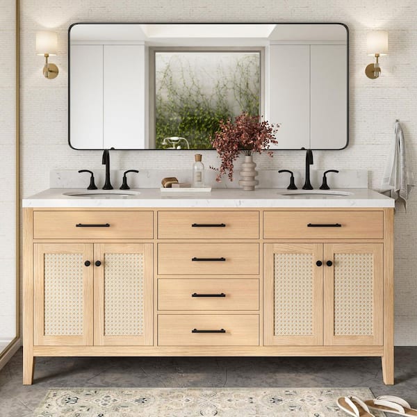 ARIEL Camila 72 in. Double Sink Freestanding Bathroom Vanity in White Oak with Carrara White Quartz Top