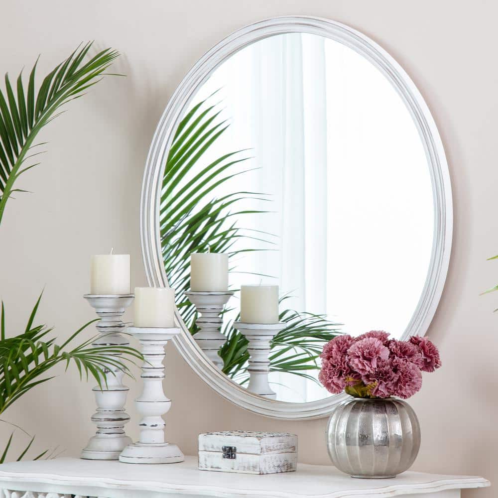 Distressed White Round Wood Frame Wall Mirror