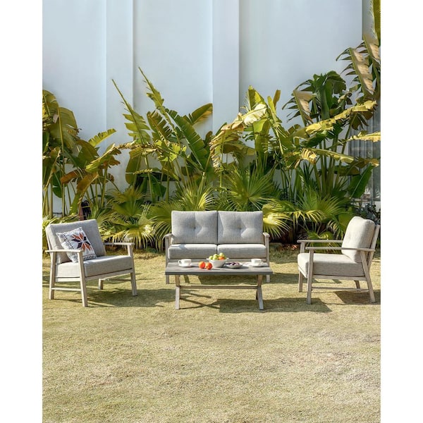 4-Piece White Oak Gray Aluminum Patio Conversation Set 2 Armchairs 1 Loveseat Sofa and Coffee Table with Gray Cushions