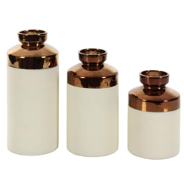 Cosmoliving By Cosmopolitan White Ceramic Decorative Vase With Copper Like Tops Set Of 3 98781 4193