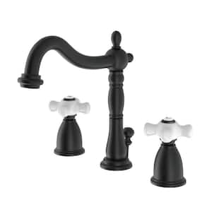 Victorian Cross 8 in. Widespread 2-Handle Bathroom Faucet in Matte Black