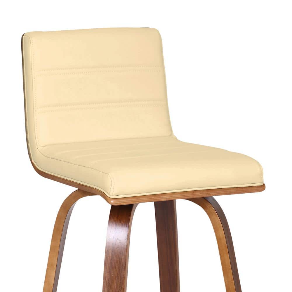 26" Cream Faux Leather and Walnut Wood Swivel Bar Stool