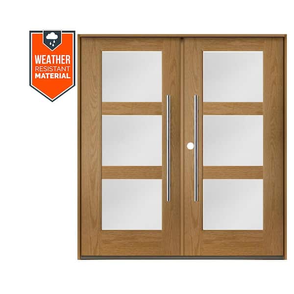 Krosswood Doors Faux Pivot 72 in. x 79 in. Right-Active/Inswing 3-Lite Satin Glass Bourbon Stain Double Fiberglass Prehung Front Door