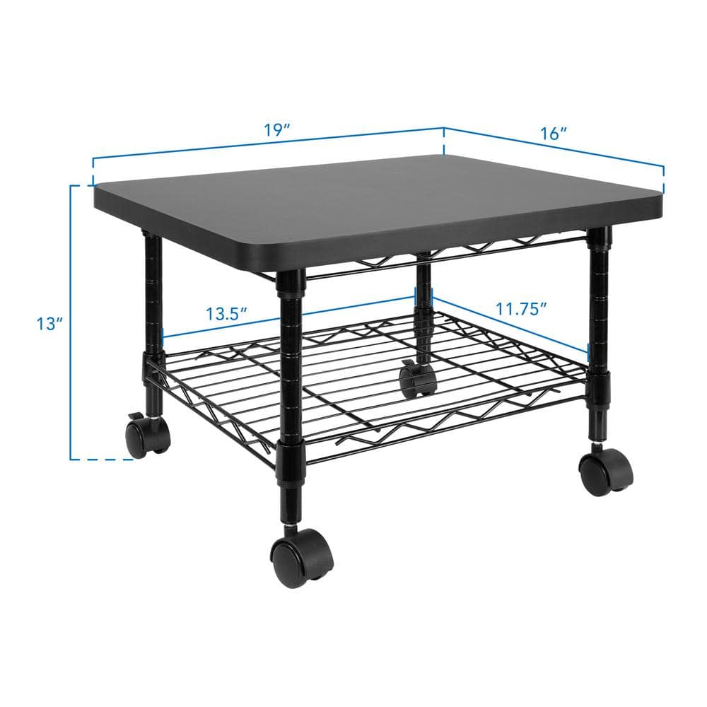 Sleek Black Steel 2-Tier Under-Desk Printer Cart with Wheels