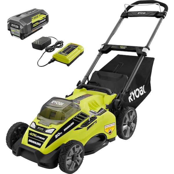 RYOBI 20 in. 40V Brushless Lithium-Ion Cordless Battery Walk Behind Push Lawn Mower 5.0 Ah Battery and Charger Included