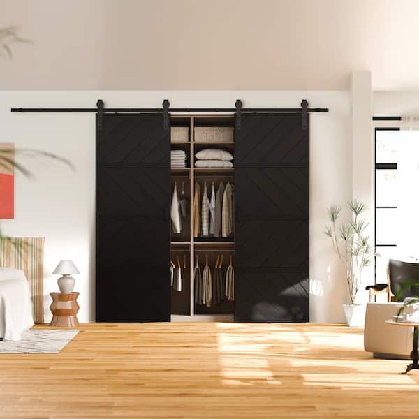60 in. x 84 in. (30 in. W Doors x 2) Black, Wood Panel Textured, MDF and PVC Covering Sliding Barn Door w/ Hardware Kit
