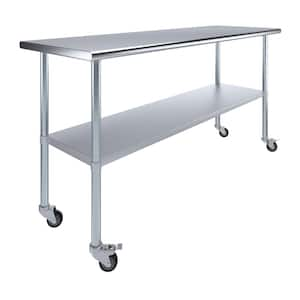 24 in. x 72 in. Stainless Steel Work Table with Casters : Mobile Metal Kitchen Utility Table with Bottom Shelf