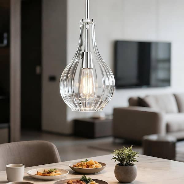 100-Watt 1-Light 8 in. Chrome Shaded Pendant Light Fixture with Clear Fluted Glass Shade for Kitchen Island, Dining Room